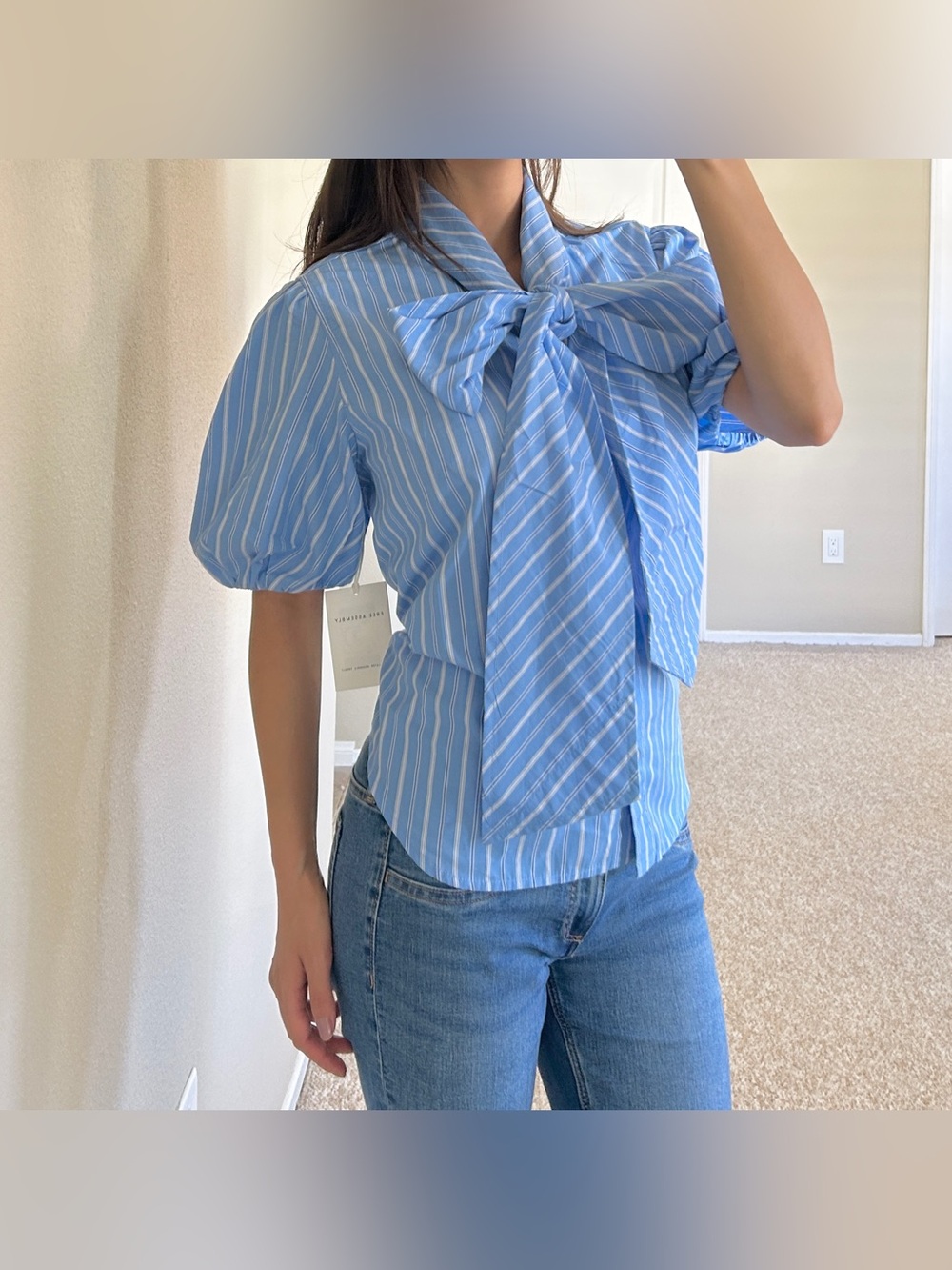 NWT Light Blue Striped Bow Tie Puff Sleeve Blouse Women